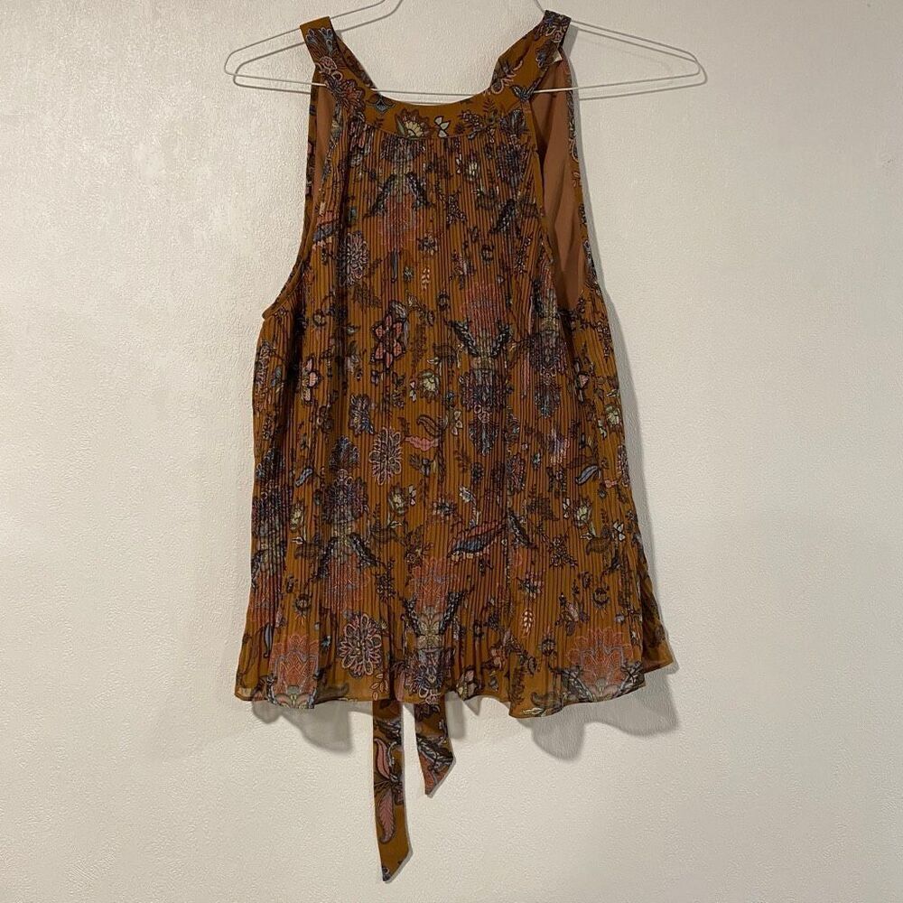 Mystree Floral Pleated Tie Front Tank Top Women’s Medium – Boho Mustard Sleevele